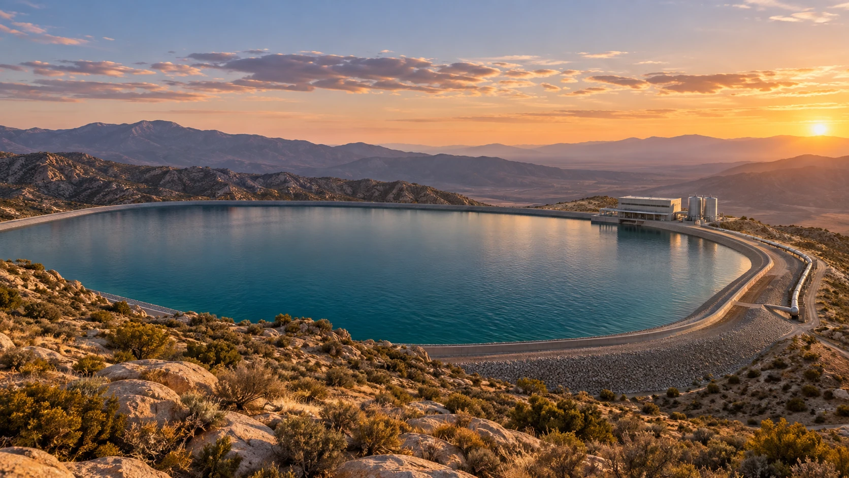Concept visualization of an elevated freshwater reservoir in an arid mountain landscape